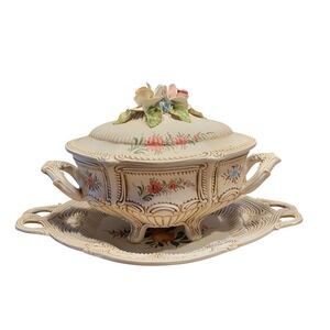 Vintage Italian Style Floral Ceramic Soup Tureen with Lid and Underplate Cream